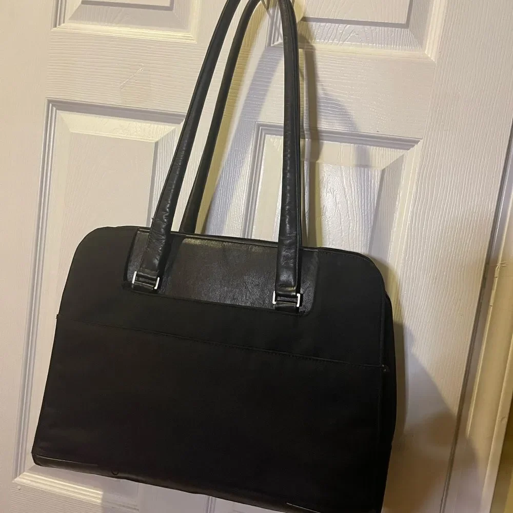 Victorinox Swiss Black Canvas &leather laptop Bag Briefcase silver tone hardware